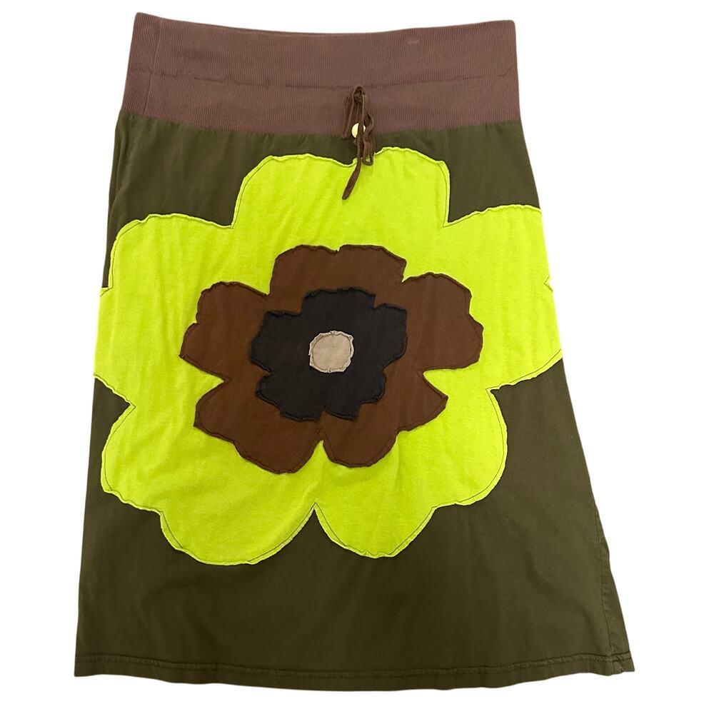 Soul Flower Boho Vintage Aline Skirt with Flower Appliqué- XL - Brown/Green